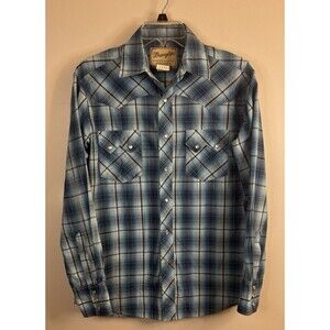 WRANGLER Plaid Pearl Snap Shirt Mens Medium Blue Western Cowboy Chest Pockets